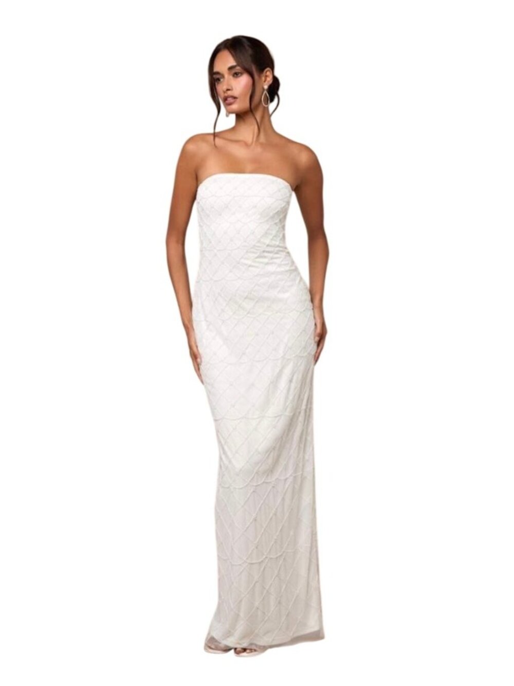 Lulus Miko White Beaded Strapless Column Maxi Wedding Dress Gown Sz XS Bridal
